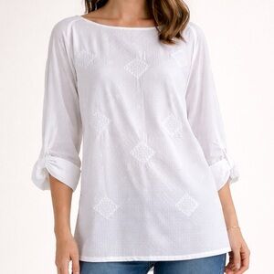 Manguun White Embroidered Boat Neck Top Size XL